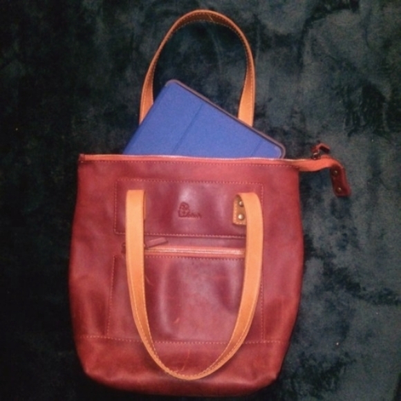 Babak Handbags - Babak Two Toned Square Leather Tote, Reddish Brown & Tan